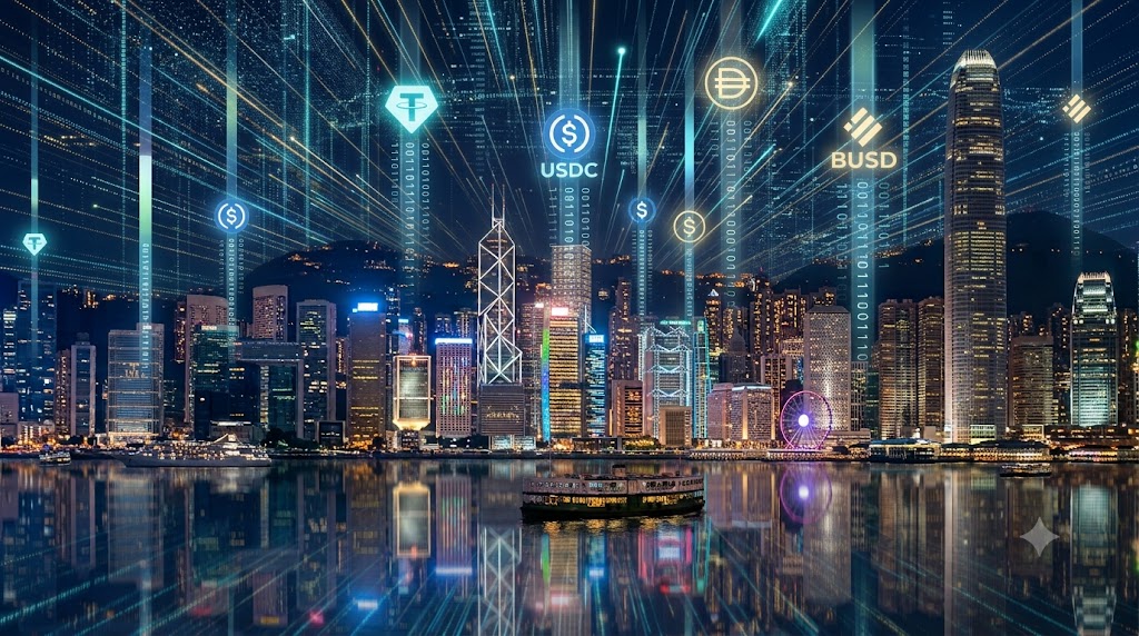香港・ビクトリアハーバーの夜景 · ステーブルコイン／ブロックチェーン決済